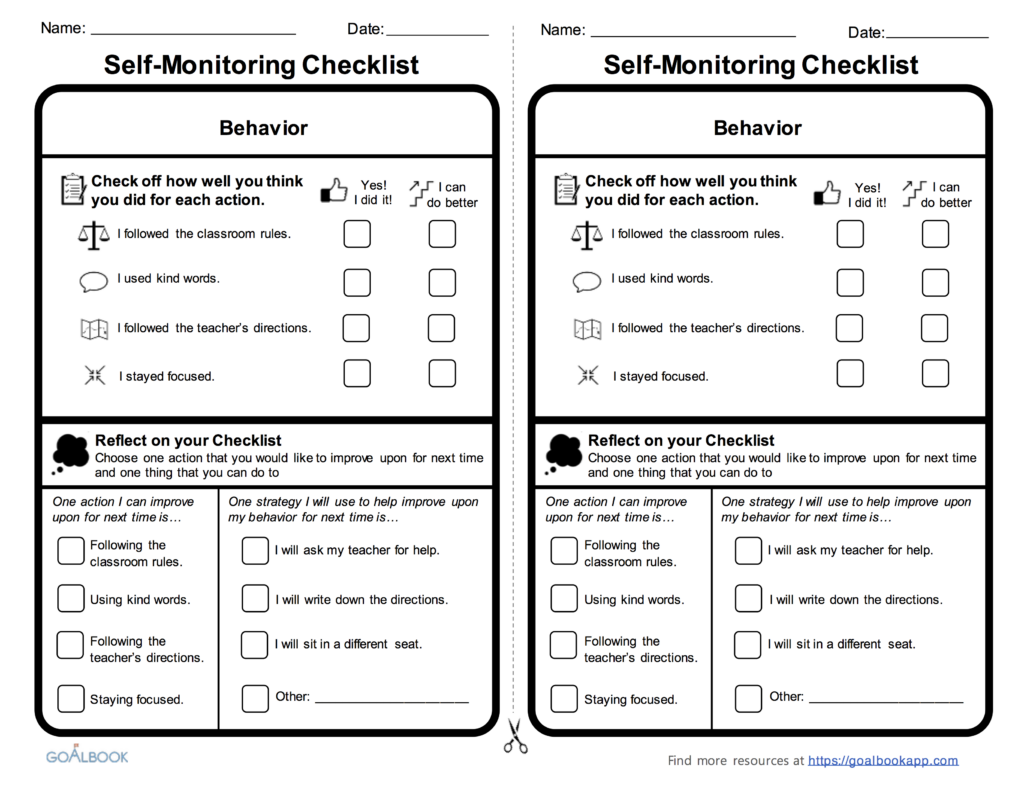 Behavior Self Monitoring Checklist Self Monitoring Behavior 
