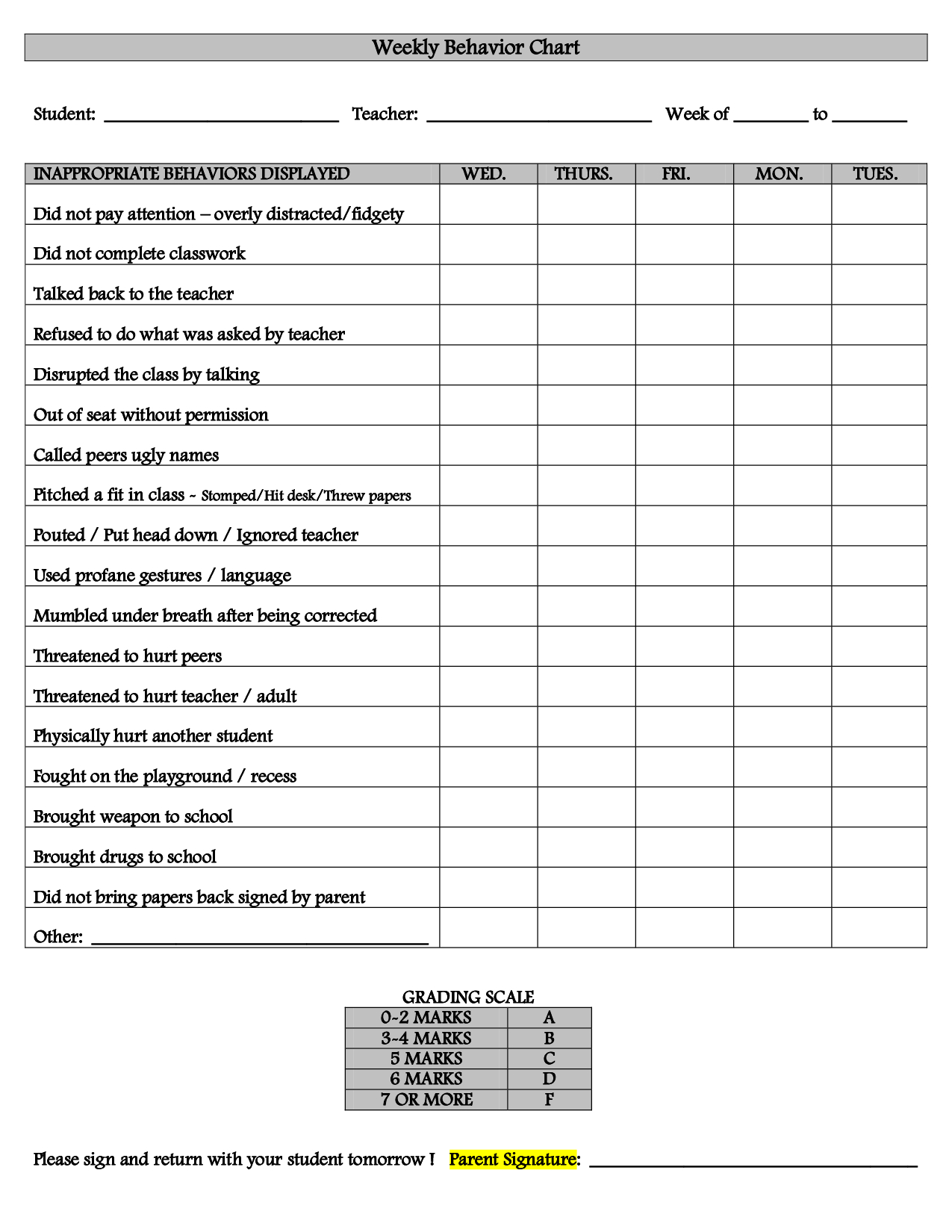 Free Printable Behavior Charts For Elementary Students Free Printable