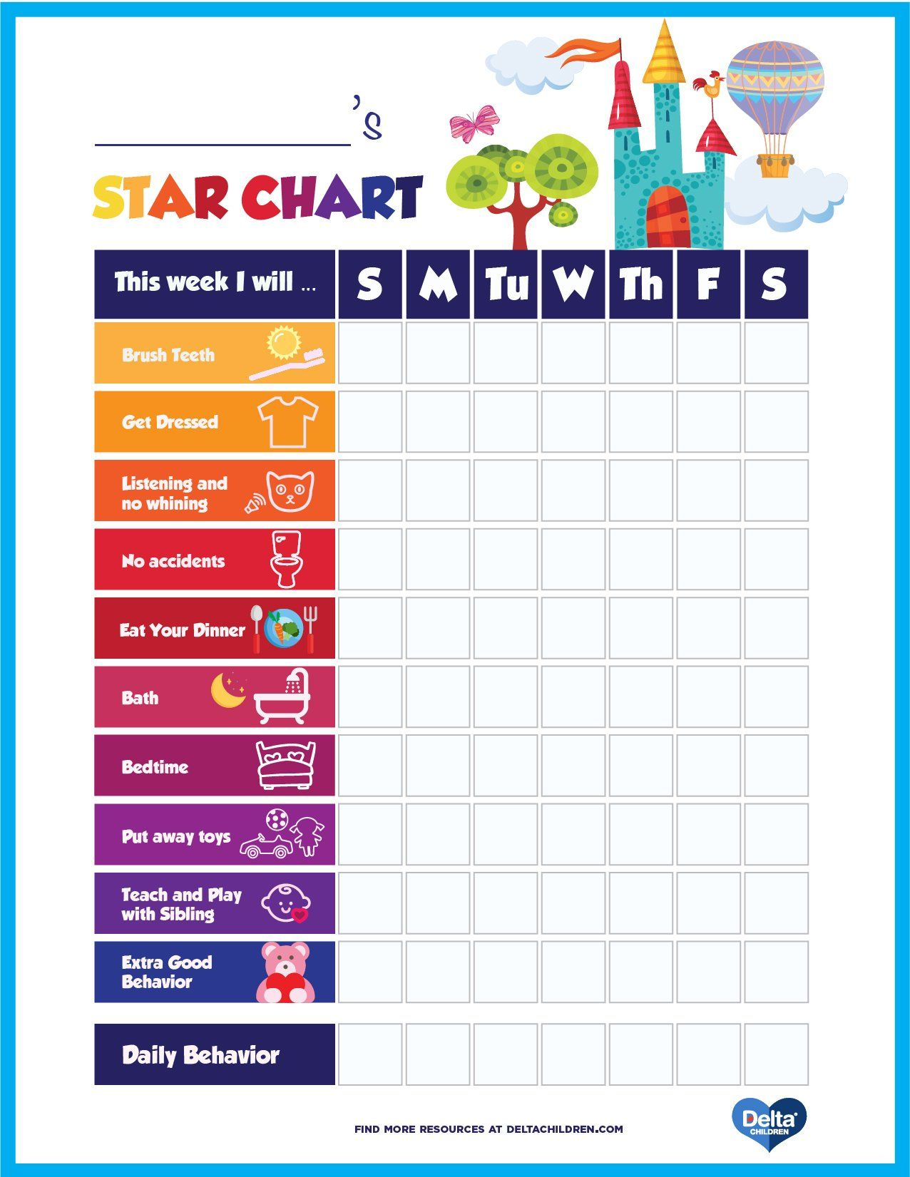 Printable Kids Star Behavior Chart Reward Chart Kids Chore Chart
