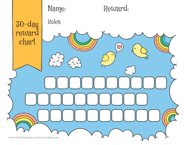 Rainbow Sky 30 day Reward Chart For Kids Free Printable Downloads 