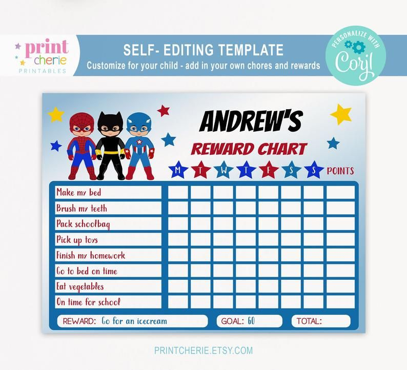 Superhero Boy Chore Chart For Kids Editable Template Toddler Behavior 